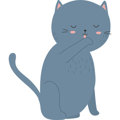 Cute Gray Cat Sitting and Licking its Paw with Closed Eyes and Pink Cheeks on Transparent Background