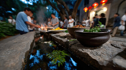 A bustling street food market comes alive with vendors cooking delicious local delicacies, creating a vibrant atmosphere filled with flavors and the joy of community.