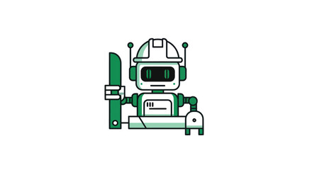 A green & white robot with a helmet holding a green tool stands against a white background © fast