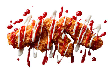 Crispy fried chicken tenders drizzled with ketchup and mayonnaise sauce.