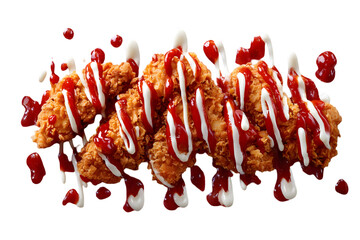 Crispy fried chicken tenders drizzled with red ketchup and white creamy sauce on a clean white background.
