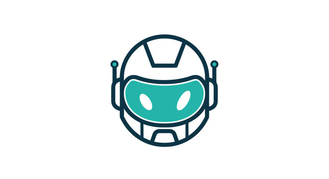 Minimalist teal & dark blue robot head icon, features circular helmet and glowing visor