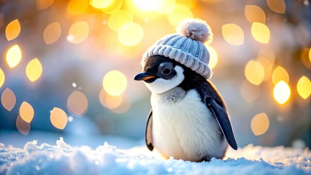 Adorable baby penguin wearing a knitted hat in the snow with bokeh lights.