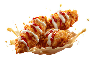 Crispy fried chicken tenders drizzled with creamy sauce and ketchup, splashing in a light brown sauce.