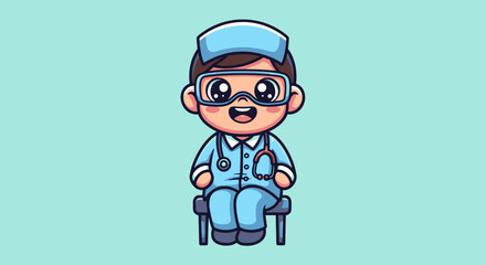 Fototapeta premium Cute cartoon nurse with goggles sits on a chair