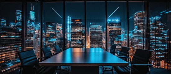 Night cityscape view from modern conference room with table and chairs