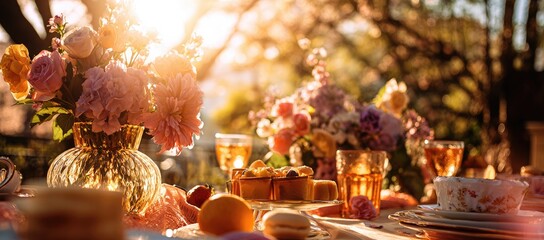 A sun-drenched outdoor tea party with floral arrangements, pastries, and fruit set on a table