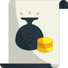 Dark Blue Money Bag With Dollar Sign And Stack Of Gold Coins On A Paper Document With Light Rays Emerging From The Top Detailed Vector Illustration On White Background