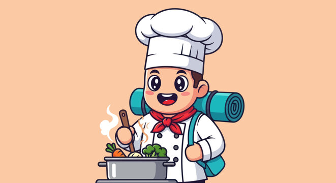 Cartoon chef with a bedroll cooking veggies
