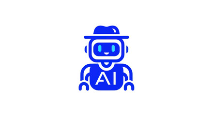 Fototapeta premium Blue cartoon robot icon with hat and 'AI' on chest