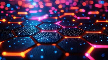 Dark blue gradient futuristic abstract background with glowing hexagons and data network, 3D design
