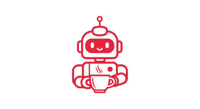 Red, cartoon robot holding a mug