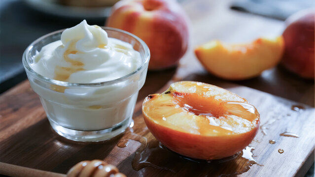 A halved peach with honey drizzle served alongside a small bowl of yogurt on a wooden board.