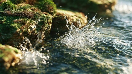 Fototapeta premium Versatile forest stream HD asset with realistic water motion and moss detail