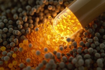 Extreme close-up of a medical capsule releasing its glowing active ingredient particles to target and interact with surrounding cells
