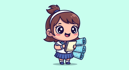 Cute student holds plans and notepad, against a light blue background