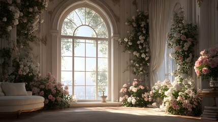Elegant Floral Room: A light-filled room adorned with blooming roses, featuring a large arched window framing a lush outdoor scene. This image speaks to tranquility and timelessness.