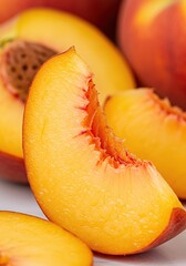 Vibrant, juicy peach segment, perfectly ripe and sweet, showcasing its soft texture and natural golden-orange color. Ideal for healthy eating ,bright ,dessert ,healthy lifestyle