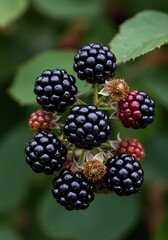 Close-up of a cluster of ripe, dark blackberries still attached to their thorny bush, showcasing their plump, juicy texture and natural beauty ,antioxidant ,tart ,vibrant