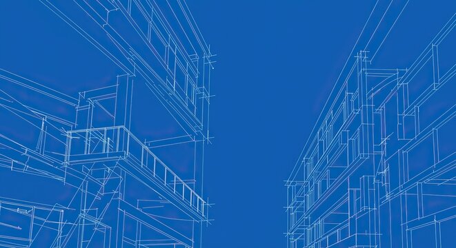 Detailed architectural blueprint showing the exterior design of a modern building. White lines on a blue background illustrate the facade concept ,perspective ,drawing ,technical