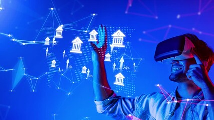 A person wearing a virtual reality headset engages with digital financial data in a futuristic environment, showcasing the intersection of technology and modern banking solutions. Raster - Powered by Adobe
