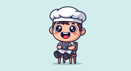 Obraz premium Cartoon chef photographer sitting