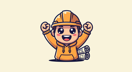 Cheerful cartoon construction worker with blueprints