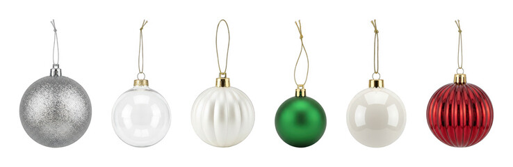 Christmas ornament set including silver glitter, clear, white ribbed, green matte, white glossy, and red ribbed styles isolated. Festive holiday season decoration collection.