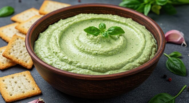 A vibrant, creamy green dip presented in a rustic ceramic bowl, garnished with fresh herbs, ready for healthy snacking or appetizer serving ,green ,studio shot ,vibrant color