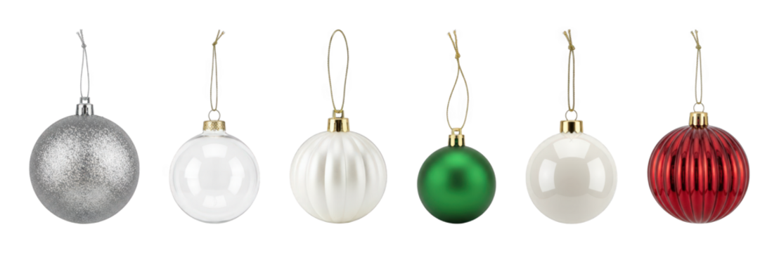 Christmas ornament set including silver glitter, clear, white ribbed, green matte, white glossy, and red ribbed styles isolated. Festive holiday season decoration collection.