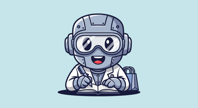 Robot cartoon figure writing in a book wearing lab coat