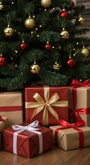 Beautifully wrapped presents nestled beneath a sparkling Christmas tree, ready to be opened. Evokes holiday joy and festive anticipation ,wrapped ,bows ,anticipation