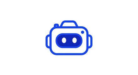 Minimalist robot icon, white with blue outline, simple, rounded