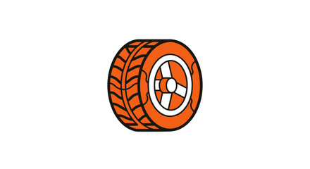 Orange tire with black treads and white rim on a white background