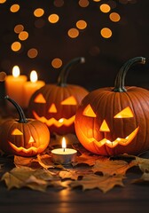 Soft candlelight illuminates a charming autumn display with smiling pumpkins and fallen leaves, creating a tranquil and cozy Halloween scene ,Halloween ,harvest ,leaves