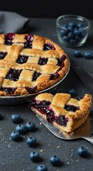 A rustic, homemade blueberry pie with a golden lattice crust, overflowing with juicy, sweet berry filling, perfect for any occasion ,juicy ,oven baked ,comfort food