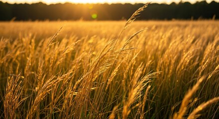 Golden autumn grass shimmers in the late afternoon sun, showcasing the seasonal transition of nature's vibrant landscape. Detailed view ,orange ,peaceful ,plant