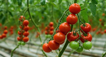 Ripe, juicy tomatoes thrive on lush green vines within a modern greenhouse, showcasing sustainable agriculture and fresh produce ,natural ,red ,abundant