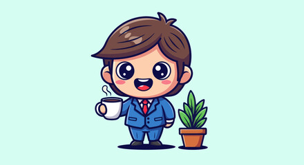 Cute cartoon character in suit with coffee, next to plant