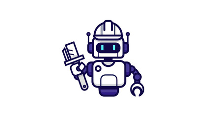 Robot with hardhat holding a paintbrush, claw hand extended