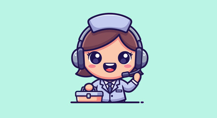 Cute cartoon nurse with headset and medical bag on a mint green background