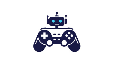 Cartoon robot with blue eyes perched atop a game controller