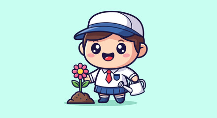 Cartoon student planting flower