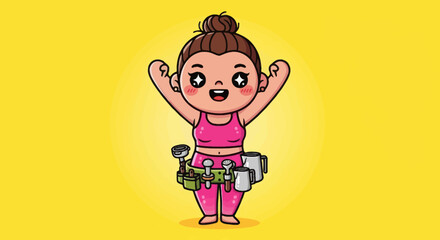 Cartoon of a barista in workout clothes with coffee tools