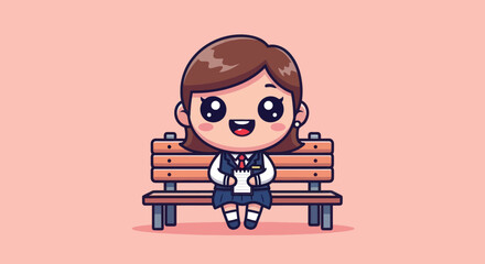 Cartoon girl, in uniform, sits on a park bench, holding a notepad, against a pink background
