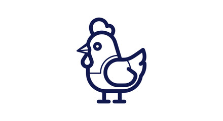 Dark-blue-lined, cartoon-like chicken icon on white