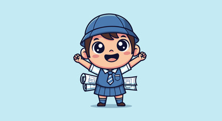 Cartoon-style cheerful child architect with plans, arms raised