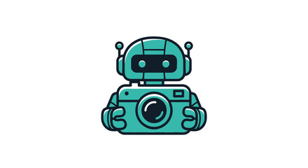Teal robot holds a camera in a cartoon style, against a white background