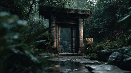 Ancient stone gateway surrounded by lush greenery in a mysterious forest