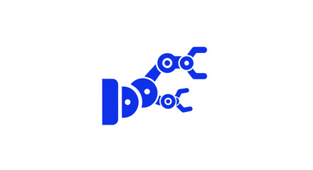 Blue mechanical arm with two claw attachments on white